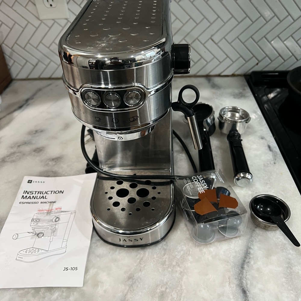 Jassy JS-105 Silver Latte Maker Burr Coffee Grinder Espresso Machine